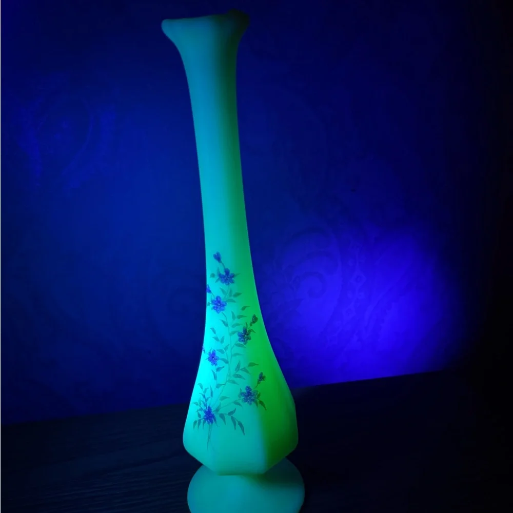 Vintage Fenton custard uranium pink flowers vase 11.5” Hand painted signed
